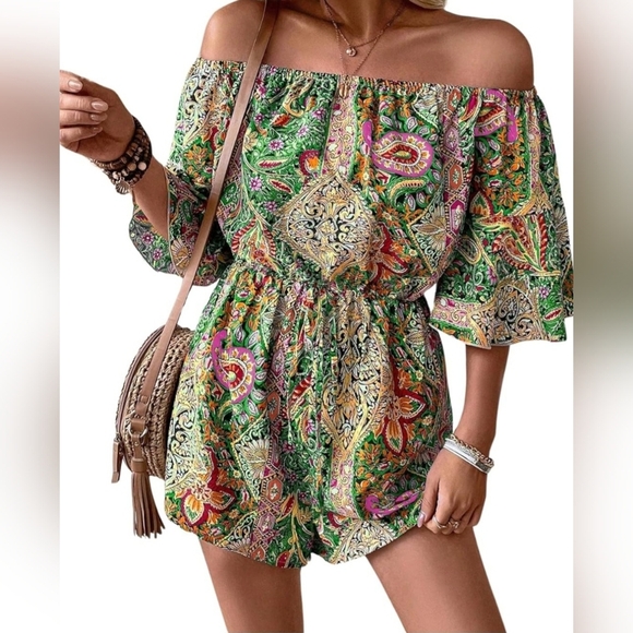 HYFVE Green Paisley Off-Shoulder Romper With Tie And Elastic Waist - Picture 4 of 8